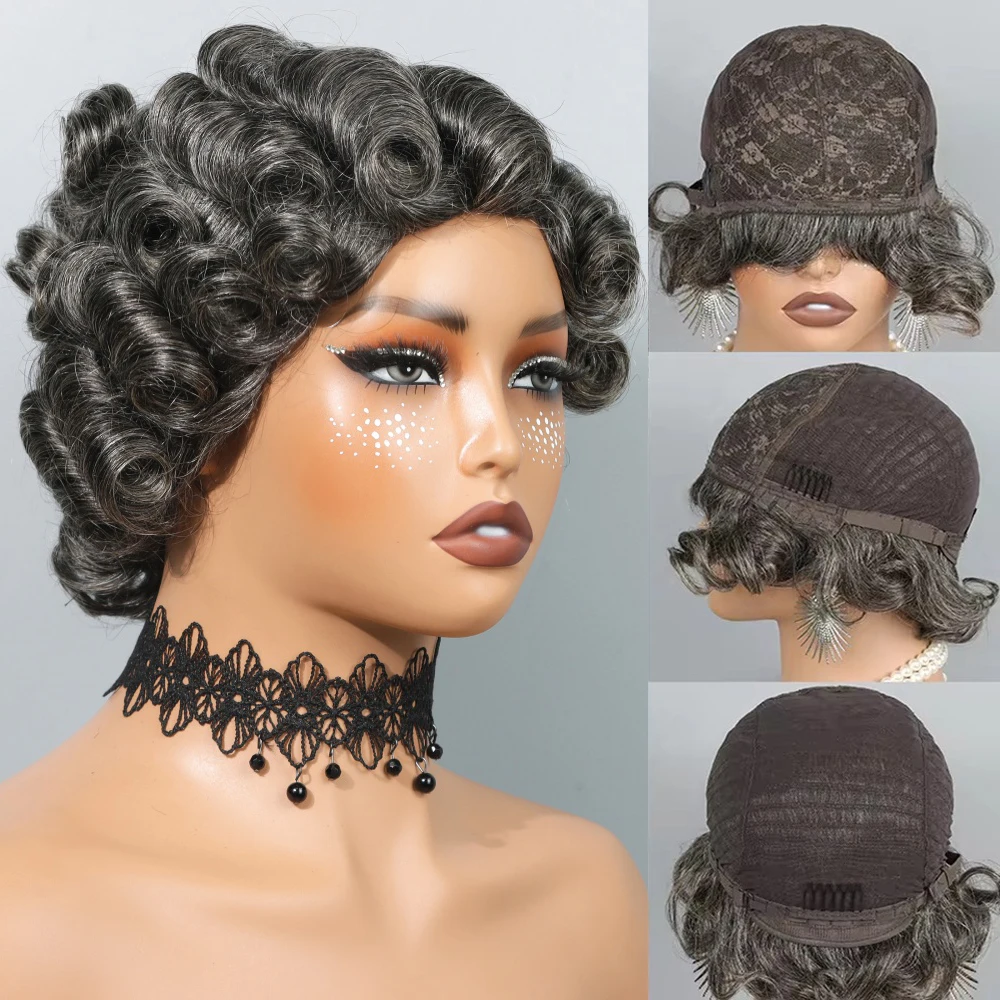 210% 로즈 컬리 픽시컷 가발, 솔트 앤 페퍼 그레이 컬리 가발, 짧은 픽시컷 가발, 인모, 자연스러운 헤어라인, 그레이 가발