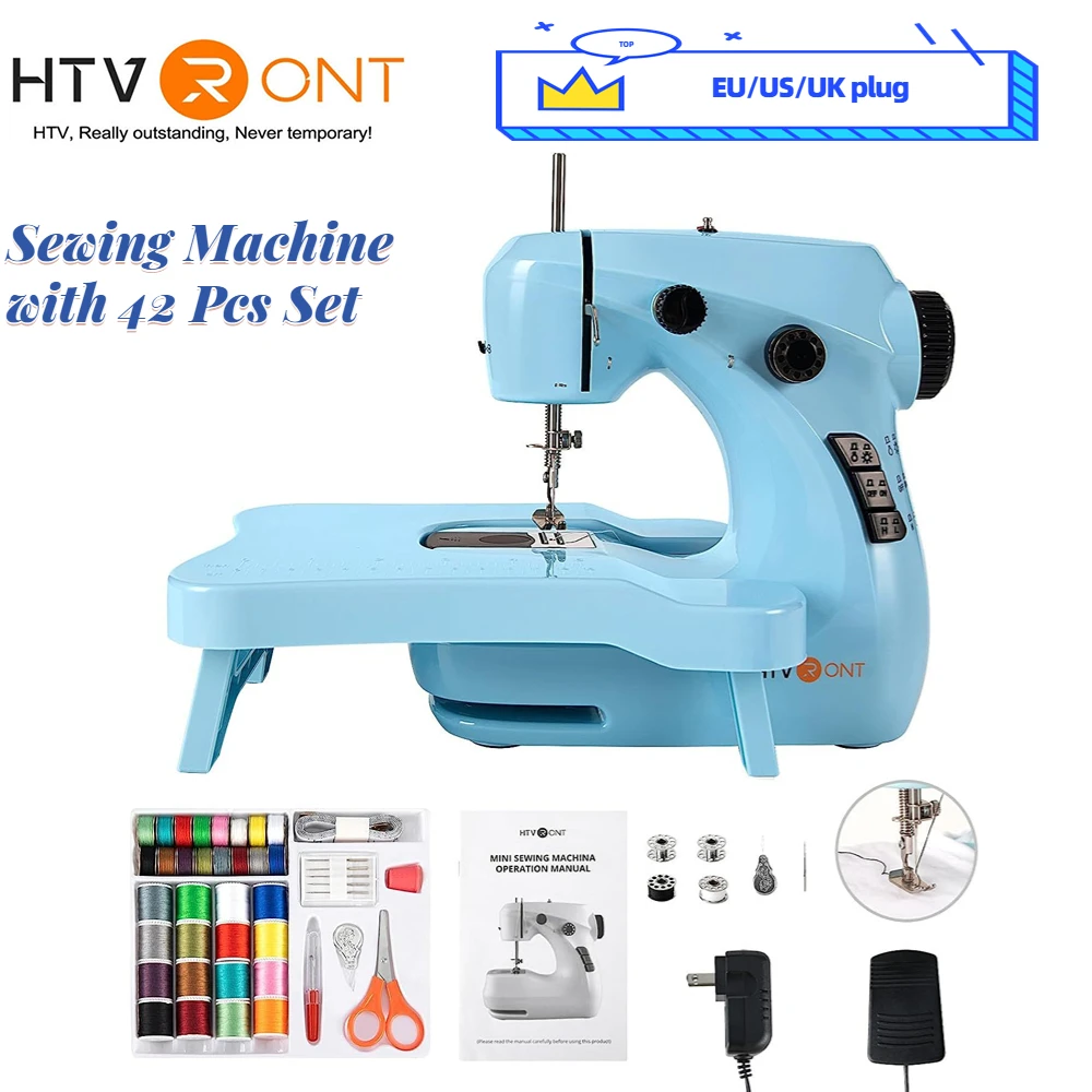 HTVRONT Mini Electric Sewing Machine for Beginners with 42 Pcs Set Portable Household Light Foot Pedal Straight Line Hand Table