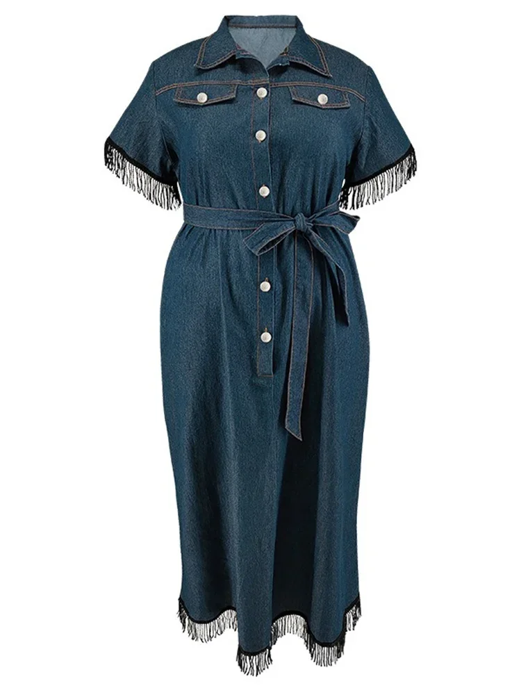 Wmstar Denim Dresses for Women Plus Size Summer Solid Short Sleeve Button Fashion Elegant Maxi Dress Wholesale Dropshipping