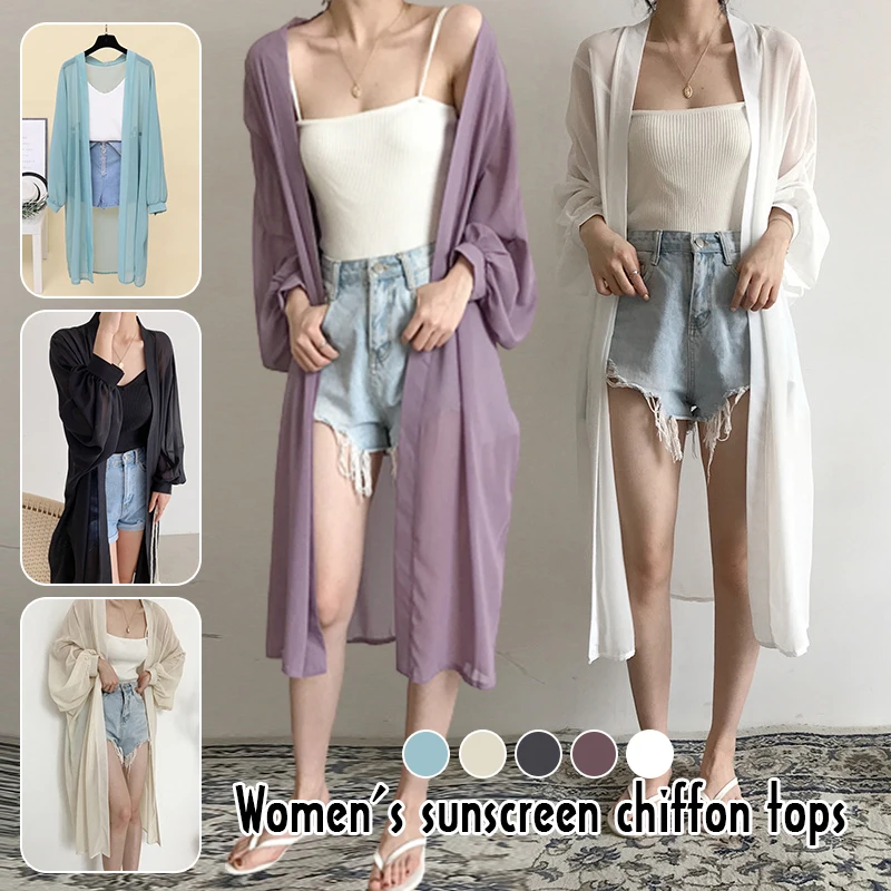 Solid Color Women Summer Sun-Proof Cardigan Lady Chiffon Shawl Shrug Casual Loose Thin Coat Elegant Holiday Minimalist Cardigan fashion glitter wrinkle viscose scarf plain shimmer fringe shawl lady soft thin hijabs and wraps bufandas muslim sjaal 185 68cm