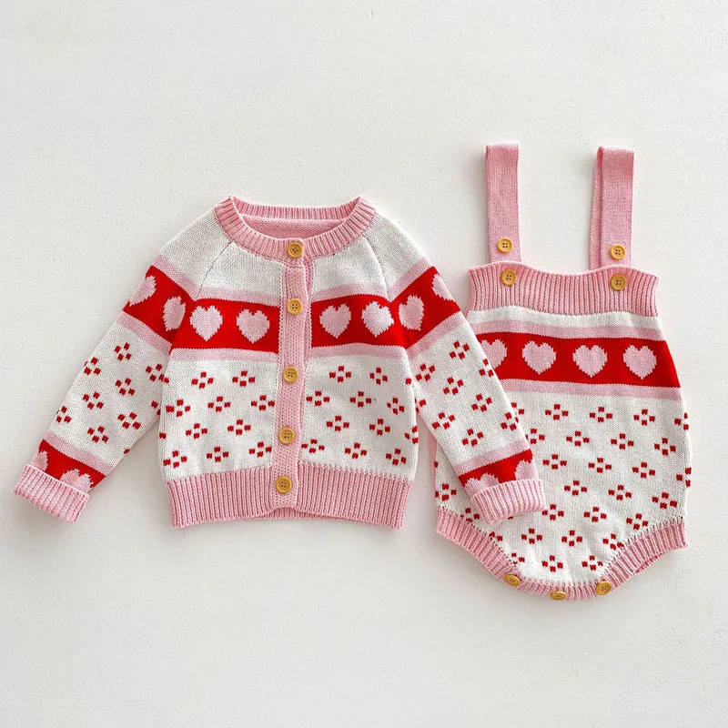 2023 Autumn Newborn Baby Girl Knitwear Clothes 0-3Years Kids Long Sleeve Heart Pattern Sweater Cardigan Knitted Romper Outwear