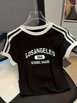 Women's tight-fitting short-sleeved T-shirt with stripes for summer 1