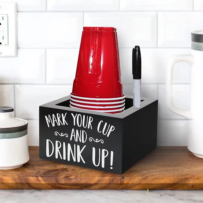 Wooden Cup Holder with Marker Slot Mark Wood Drink Dispenser Coffee Shop Paper Cup Storage Rack Square Desktop Bar Storage Box