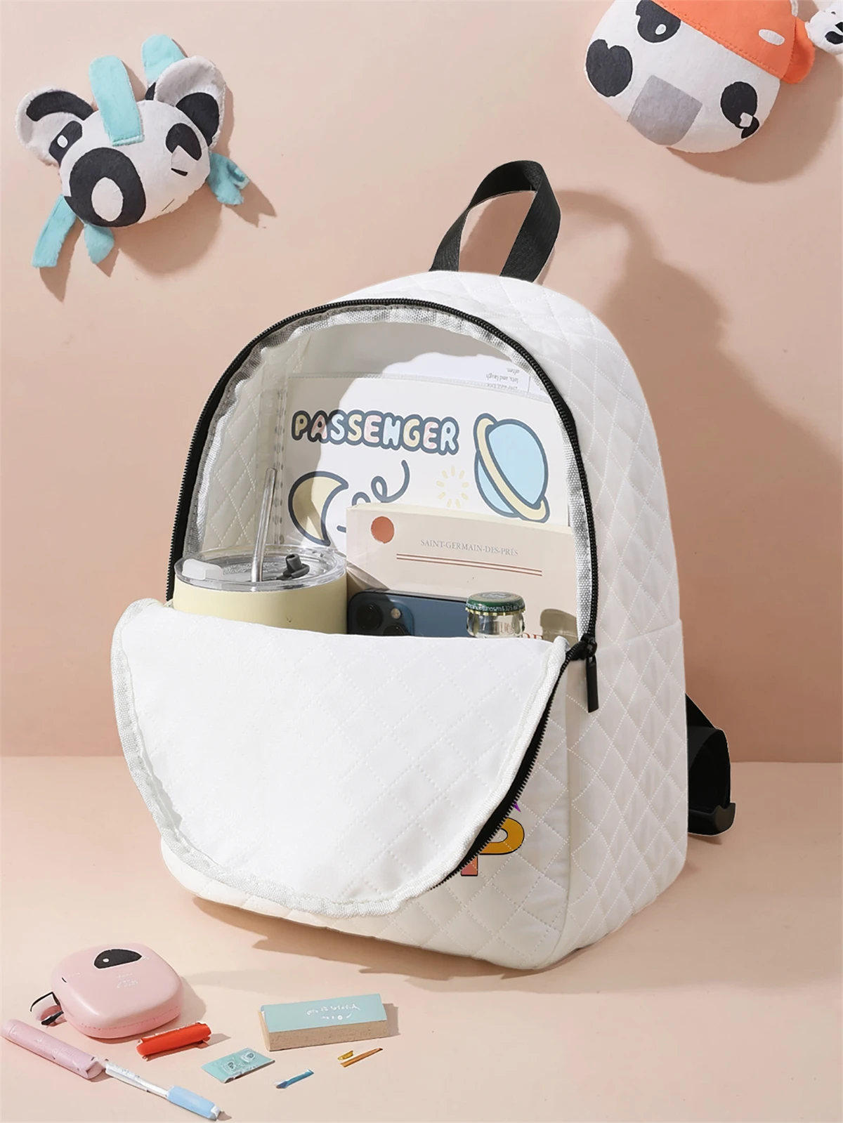 Blossom，Bubbles， Casual Diamond Quilted Compact Backpack, Suitable for Outdoor, Travel, Campus, Suitable for Both Men and Women