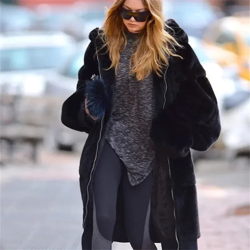 Faux Fur Coat for Women in Spring and Autumn Europe and America Loose Hooded Long Faux Rabbit Fur Coat