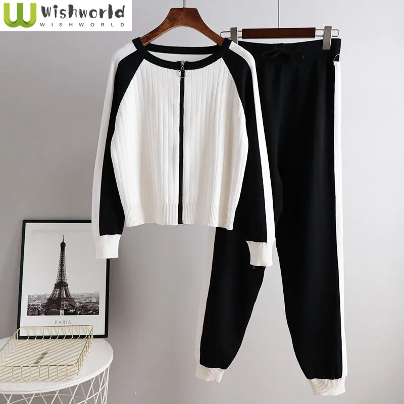 

Korean Popular Spring New Fashion Stitching Knitted Sweater Cardigan Casual Pants Two-piece Elegant Women's Pants Set Tracksuit