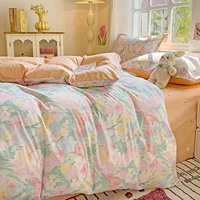 Pastel Fresh Floral Super Soft 100% Cotton Bedding Set  3Pcs-1 Duvet Cover 2 Pillowcases,Skin-friendly Comfortable,Quilt Cover 2