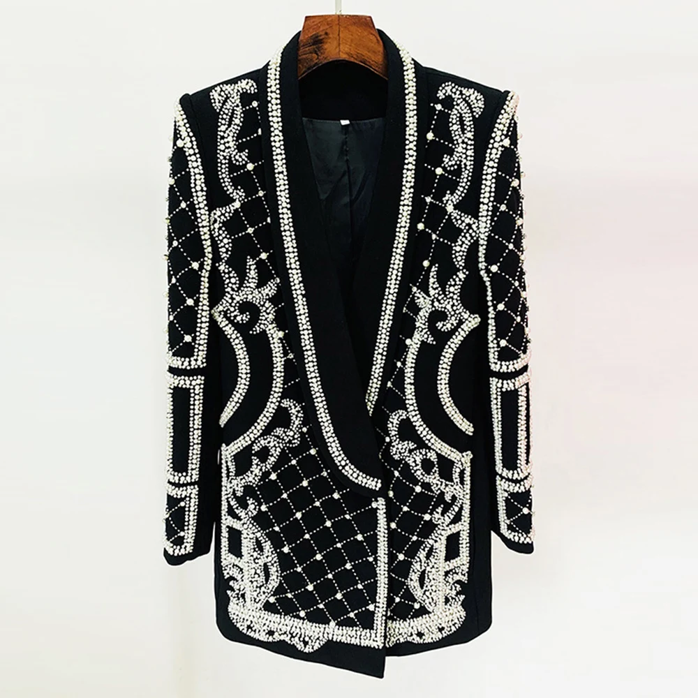 

2023 New High Quality Pearl Rhinestone Beading Vintage Design All-match Black Long Sleeve V Neck Women Blazer