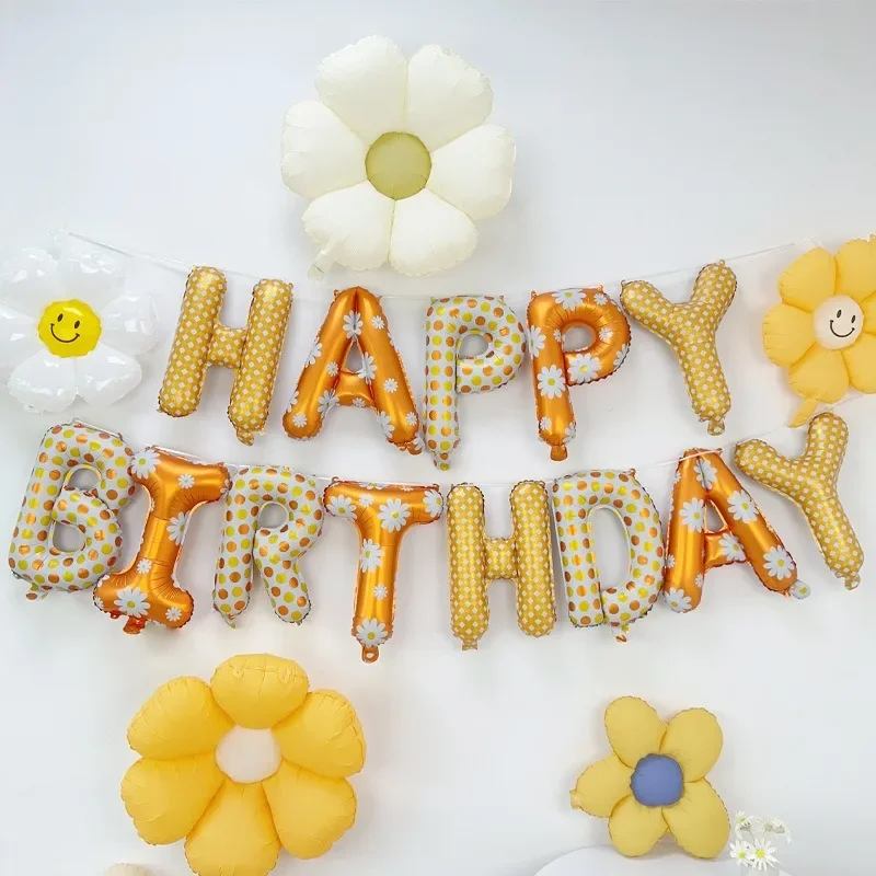 

Happy Birthday English Letter Daisy Flower Photography Prop Aluminum Film Balloon Sun Flower Daisy Theme Birthday Party Decor