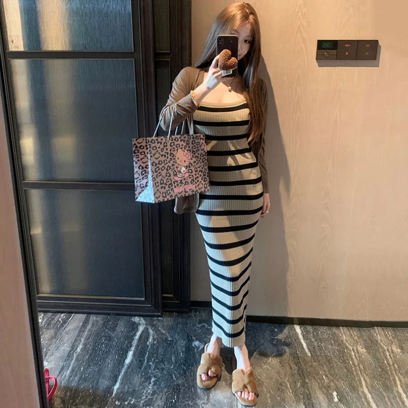 임산부 세트 편안한 슬리밍 스트라이프 니트 홀터 드레스 자외선 차단 오픈 가디건 봄 신상 투피스 트렌디 코튼 블렌드