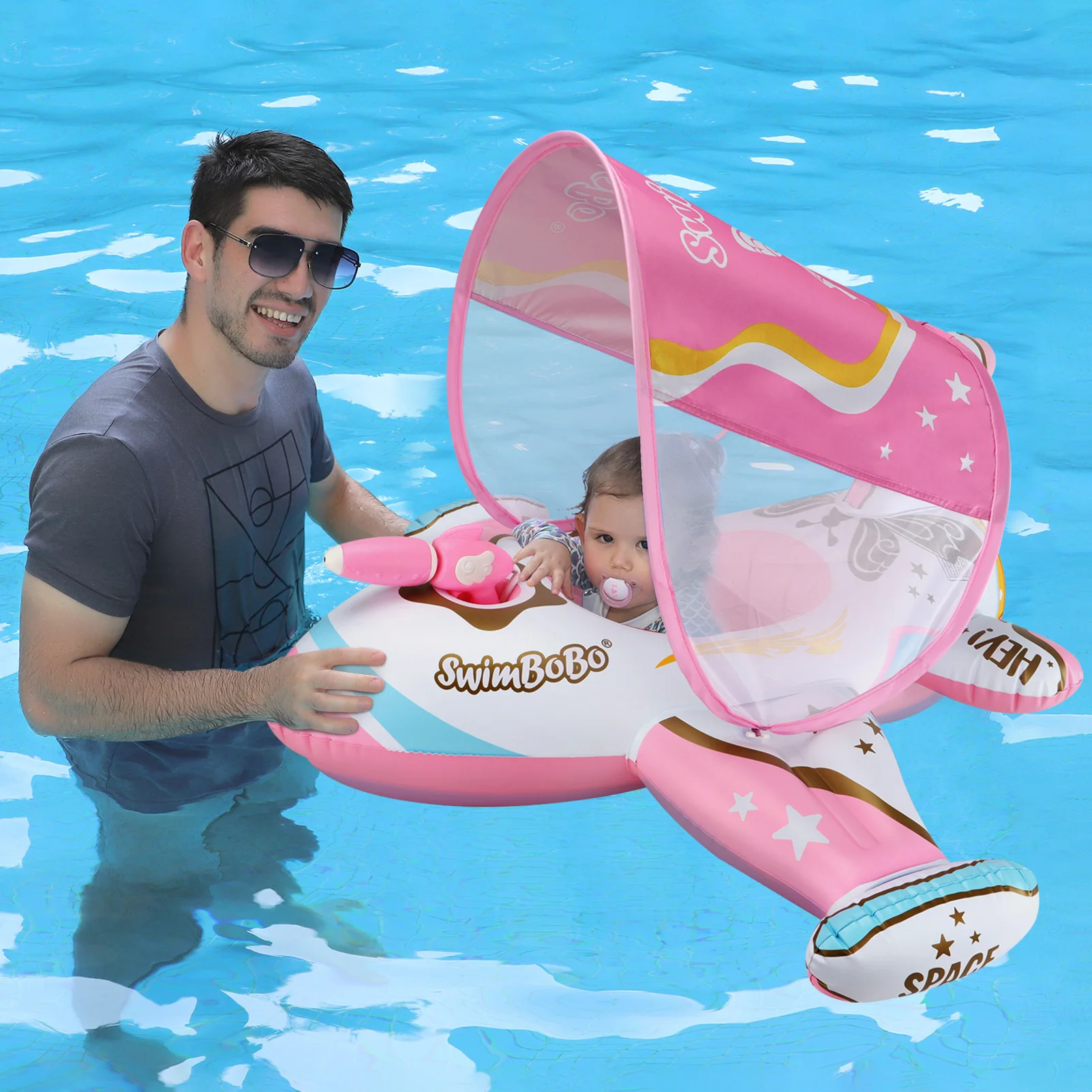 Swimbobo Pink Outdoor Summer Water Gun Play Plane Inflatable Kids Seat Float Baby Swim Ring for Children With Canopy 4