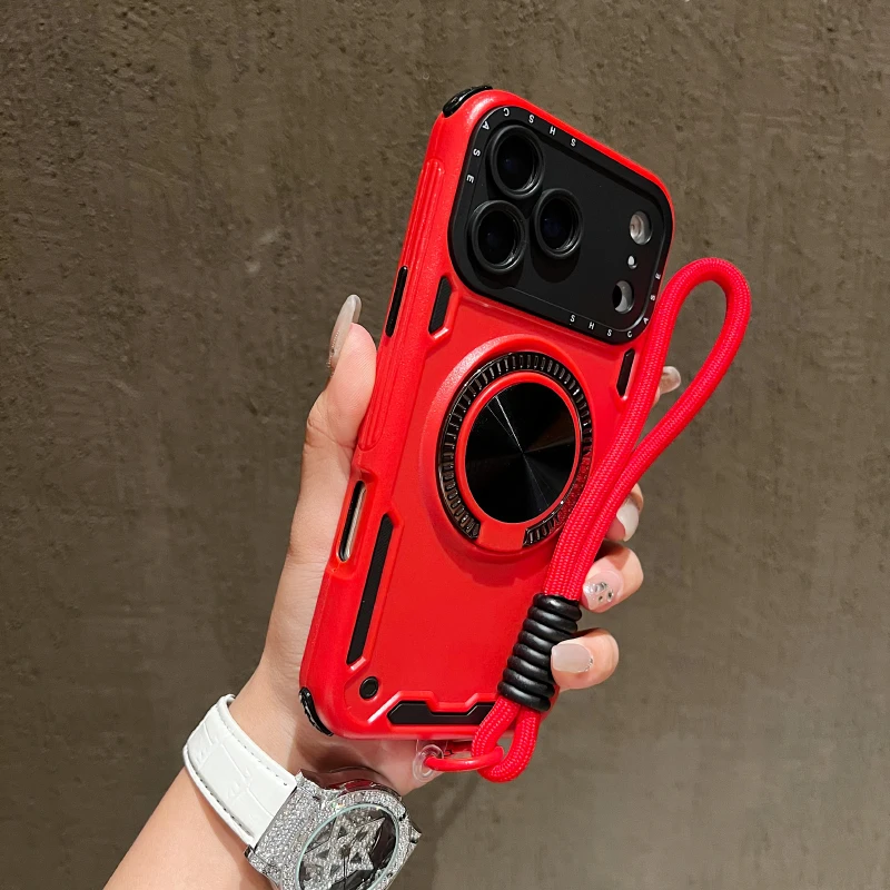 Armored Phone Case with 360° Rotating Metal Bracket and Lanyard - Soft TPU & Hard PC 3-in-1 Design