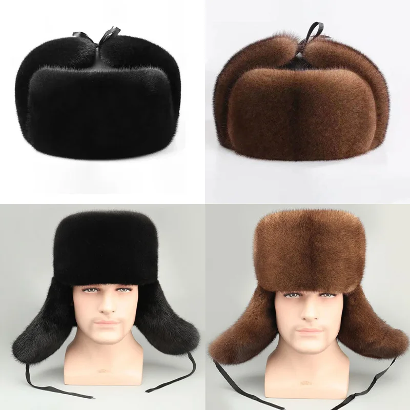 New Russian Bomber Cap Outdoor Warm Earmuffs Mink Simulation Fur Hat Men's Cap Universal Winter Ski Caps For Men Thickened Hats