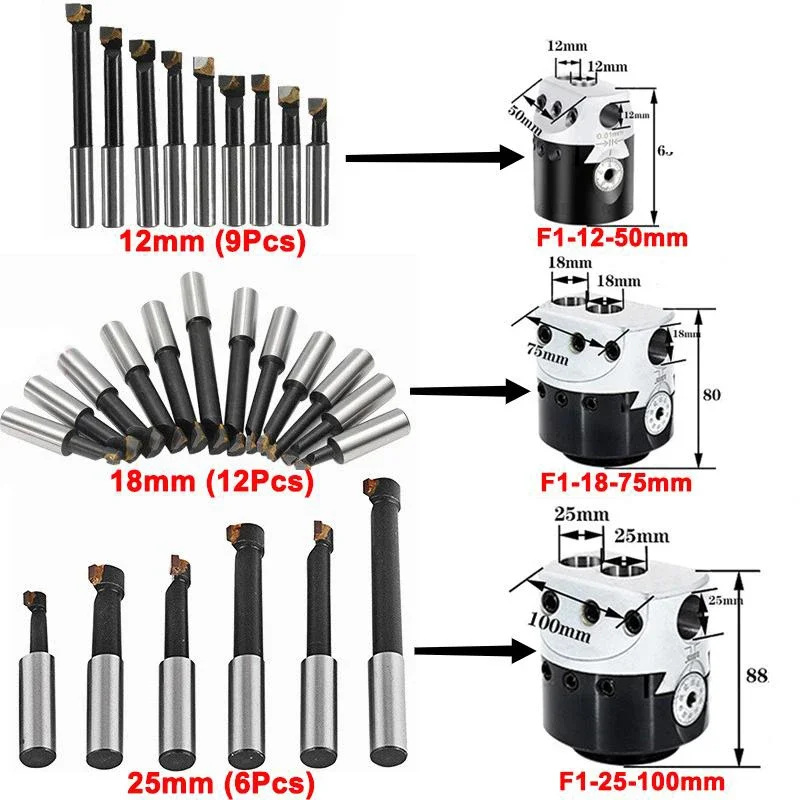 ZCD F1 Boring Bar 12/18/25mm Set 9/12/6pcs Boring Cutter Shank Bar Set Tungsten Carbide