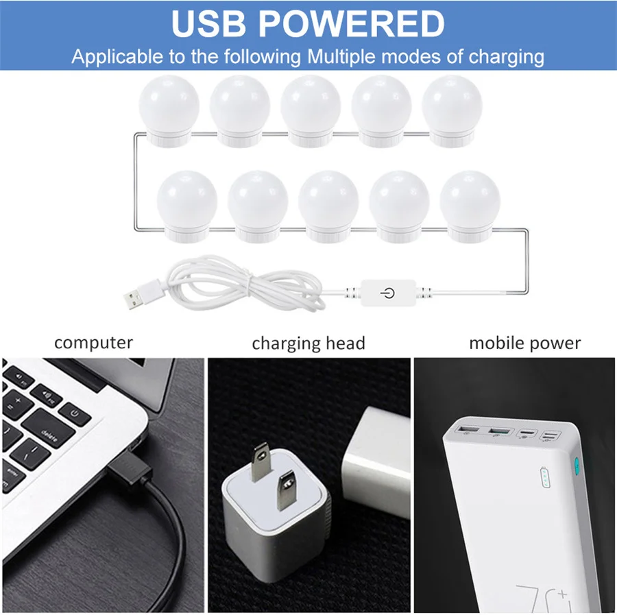 New USB Makeup Mirror Light 3 Modes Stepless Dimmable LED Vanity Lights 5V Wall Lamps 2/6/10/14Bulbs Kit for Dressing Table