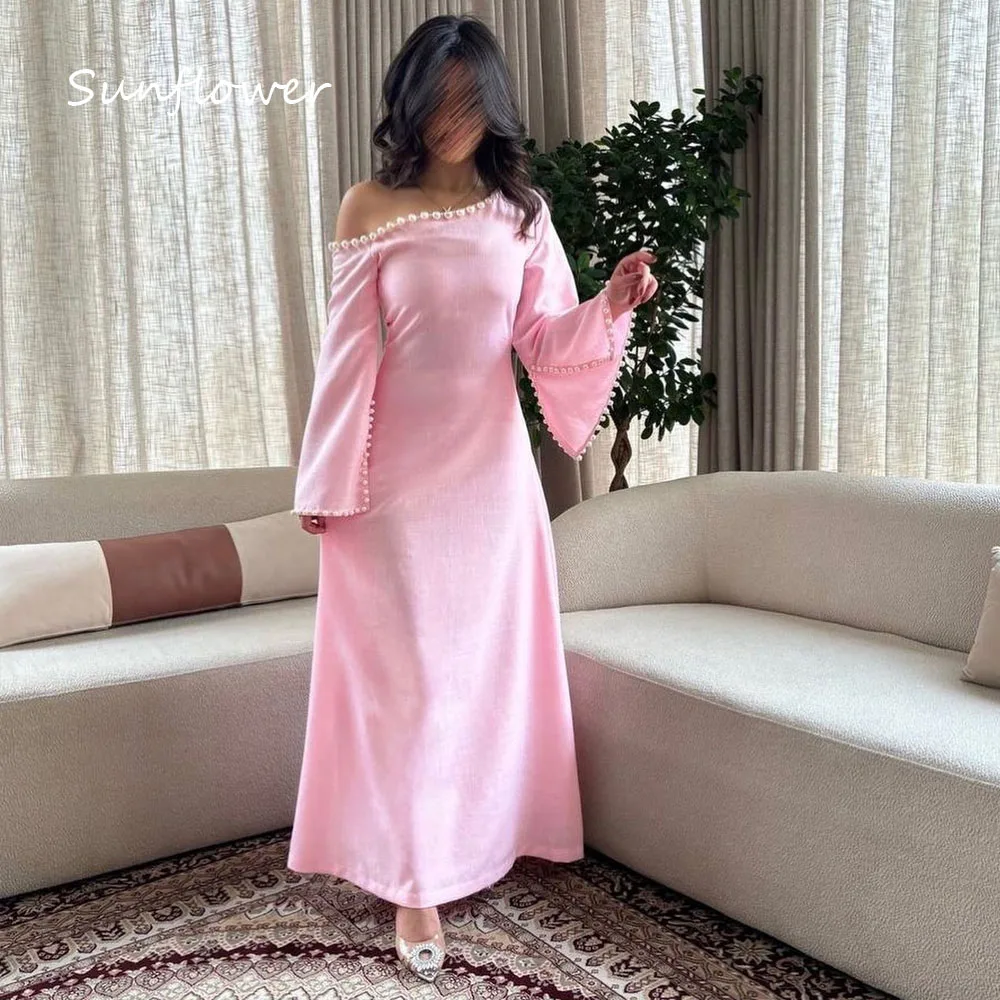 

Sunflower Pink Simple Beading Off The Shoulder A-LINE Formal Evening Dress Saudi Arabia 2024 Slim Crepe Ankle-Length Prom Dress