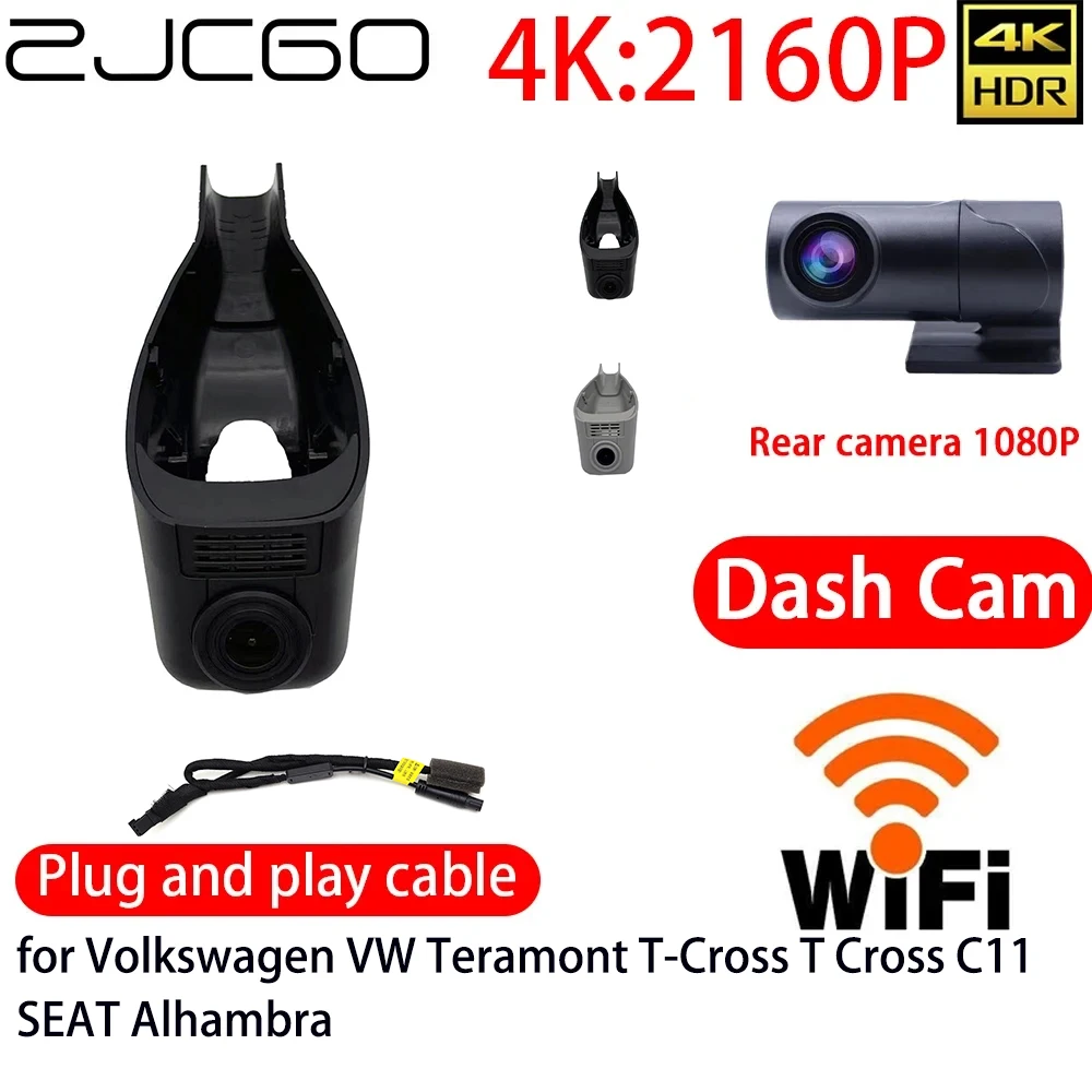 Zjcgo 4K Car Dvr Dash Cam Wifi Anteriore Posteriore Fotocamera 24H Monitor Per Volkswagen Vw Teramont T-Cross T Cross C11 Seat Alhambra