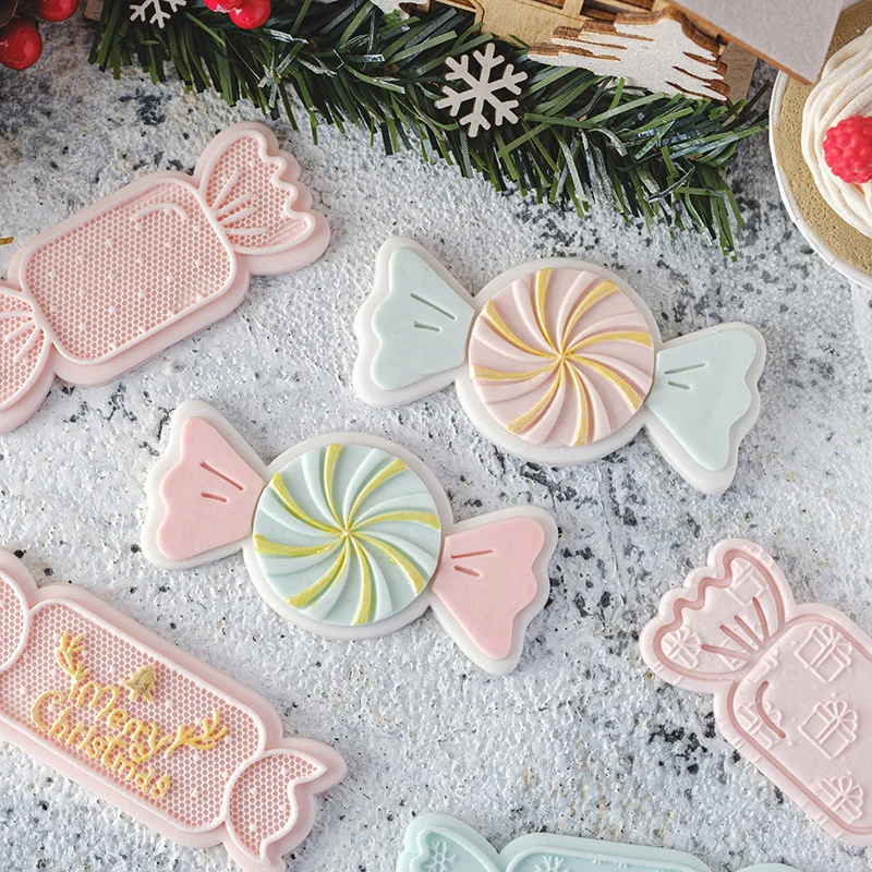 

Christmas Candy Shaped Fondant Cookie Embosser Mold Cartoon Candy Cookie Cutter Party Cake Decorating Tools DIY Baking Supplies