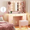 Dressing Table, Pink Dressing Table with Charging Station and Dressing Stool, 3 Drawers and Cabinet, White Makeup Mirror With 1