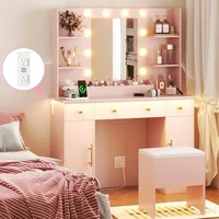 Dressing Table, Pink Dressing Table with Charging Station and Dressing Stool, 3 Drawers and Cabinet, White Makeup Mirror With 1