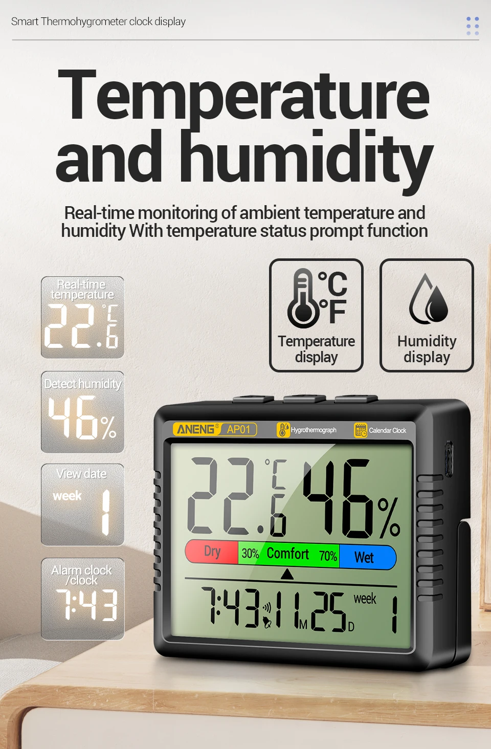 Description Picture 6 of itemANENG AP01 Moisture Meters Thermohygrometer Multiscene Measurement High Definition Digital Air Hygrometer humidity meter