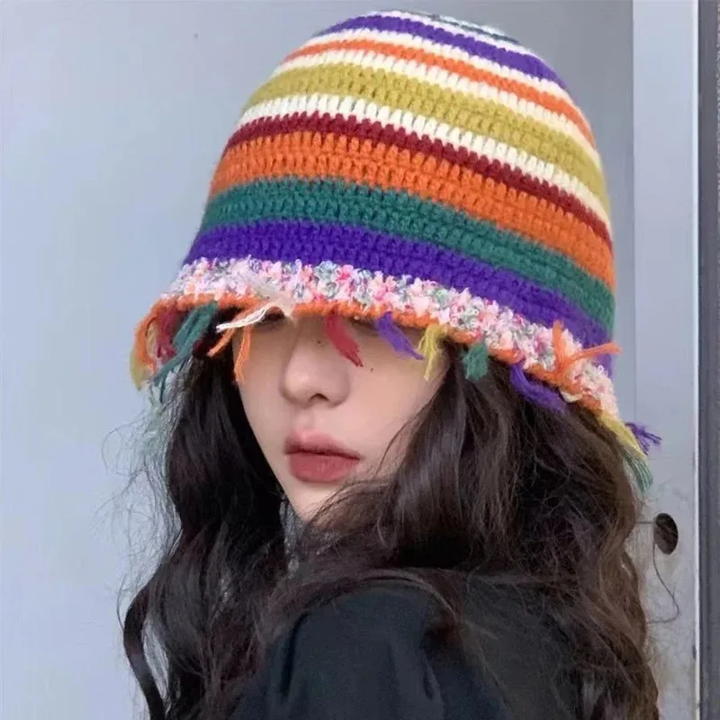 

2023 Autumn Winter Striped Rainbow Crochet Hat Fashion Handmade Crochet Bucket Hats for Women Knitted Hat Franges Warm Beanies