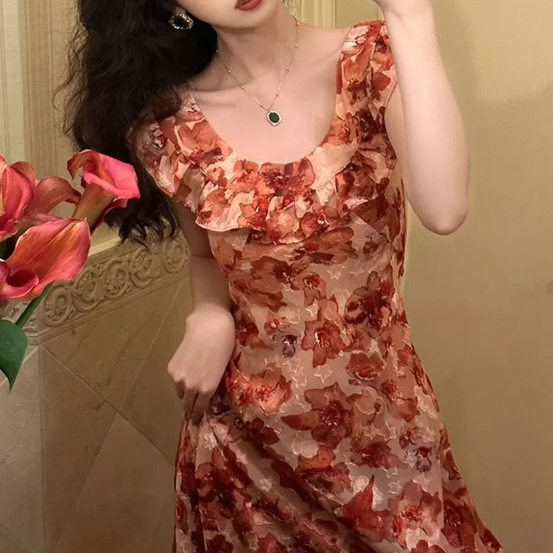 

Летнее праздничное платье, винтажное платье без рукавов, с открытой спиной, Бандажное зеленое платье с цветочным принтом, женское сексуальное красное пляжное платье