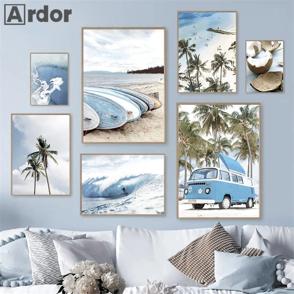 Coconut Tree Poster Blue Sea Waves Canvas Painting Beach Wall Art Surfboard Print Nordic Posters Wall Pictures Living Room Decor flamingo wall art beach conch starfish sea landscape posters canvas painting bridge print nordic wall pictures living room decor