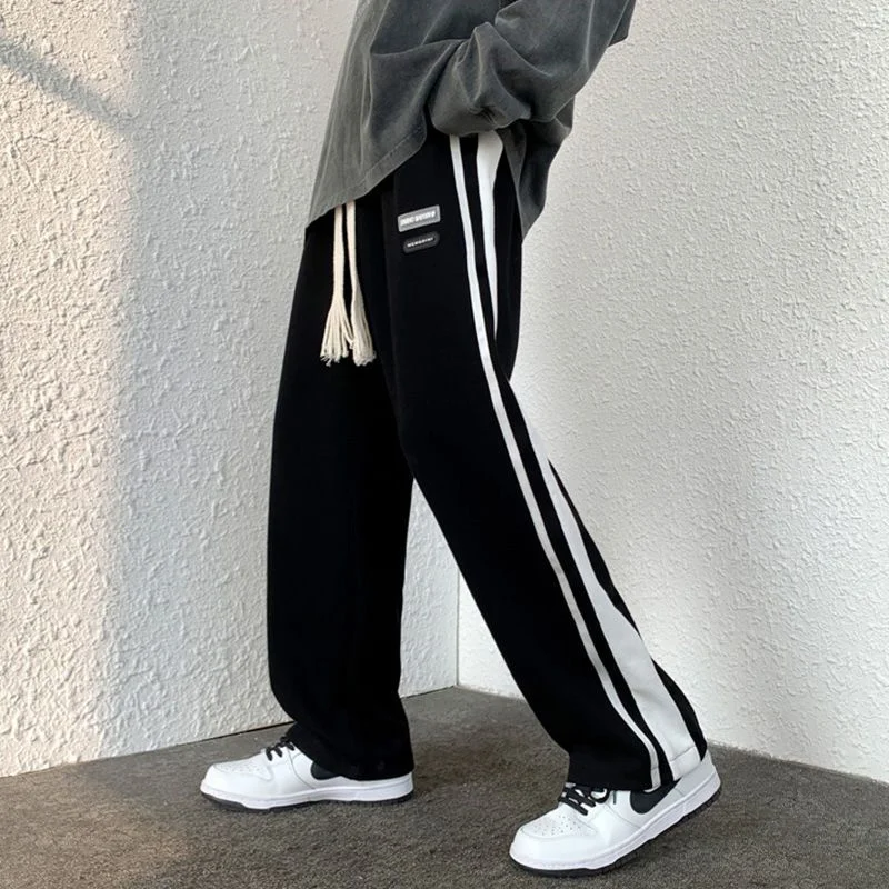 Korean Autumn New Trendy Loose Sports Wide Leg Pants Men Patchwork Side Stripe Pocket Elastic Waist Drawstring Straight Trousers
