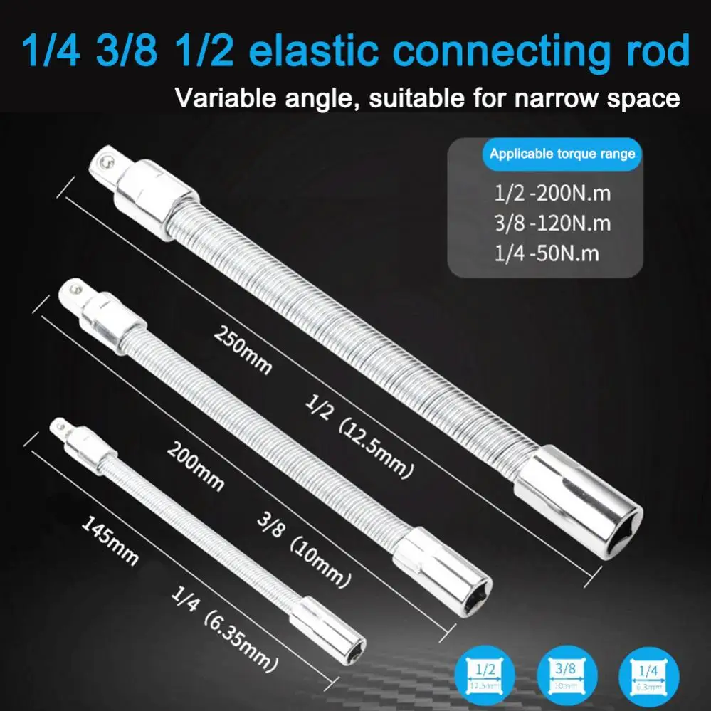 1/4 3/8 1/2 Drive Flexible Socket Extension Bar Adapter Metal Shaft Conversion Head High Torque Socket Ratchet Wrench Extender