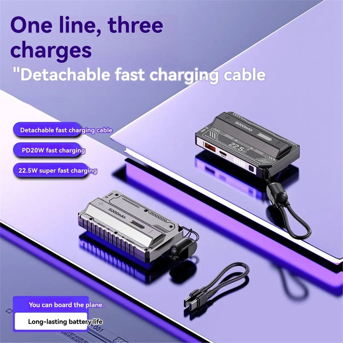 ABGN DIY 21700 보조 배터리 케이스 PD 20W 고속 충전 분리형 케이블 분리형 보조 배터리(배터리 없음) 그레이