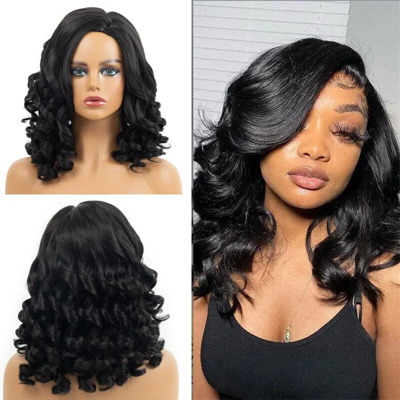 

Charming Party Wigs Curly Hair Wig for Black Women Water Wave Bob Wig Short Synthetic Curly Wavy Wig Natural Black Wig Perruque