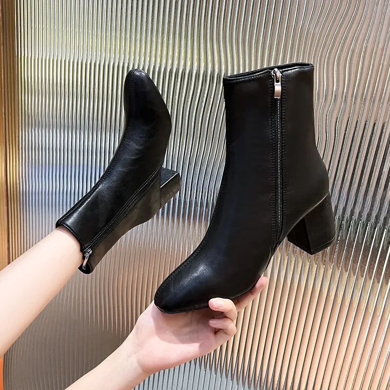 High-heeled Ankle Boots Women's Thick Heel Black Mid-tube Boots 2023 New Autumn and Winter Side Zipper short Boots