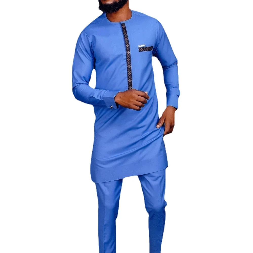 African Two Piece Set Men Outfits Pocket Splice Long Sleeve Round Collar Top Slim Pants Business Suit Africa Summer Gentleman