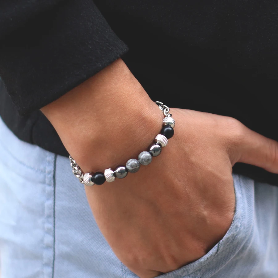 Stainless Steel Cuban Chain Bracelet for Men with Tiger Eyes Stone