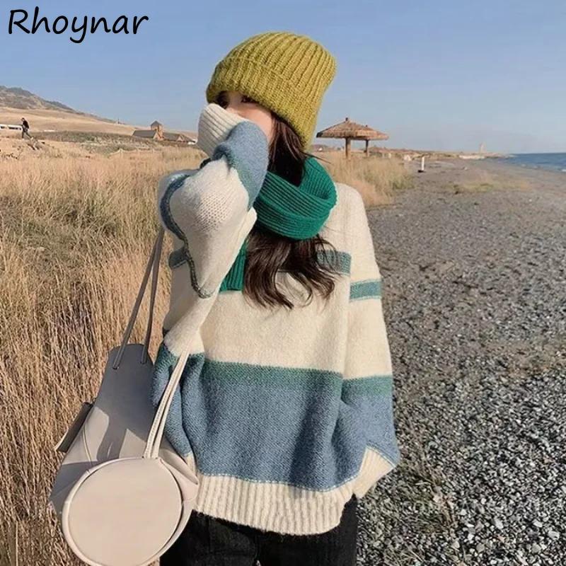 

Sweaters Women Striped Pullovers Korean Fashion Sweet Preppy Baggy O-neck Retro Japanese Lovely Knitwear Aesthetics Students Ins