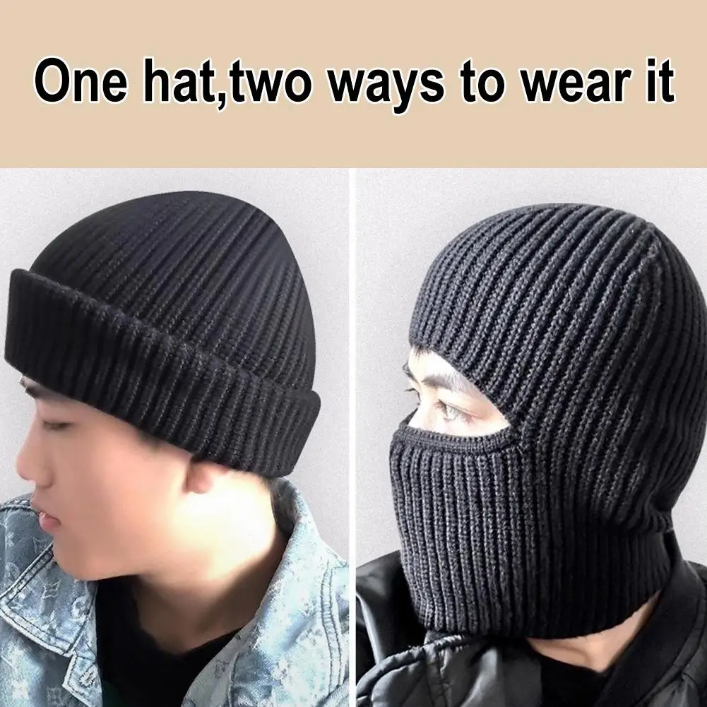 Winter Knitted Balaclava Beanie Hat For Men 2 In 1 Full Face Cover Mask Ski Skate Cap Tactical Riding Earmuffs Bonnet Headgear