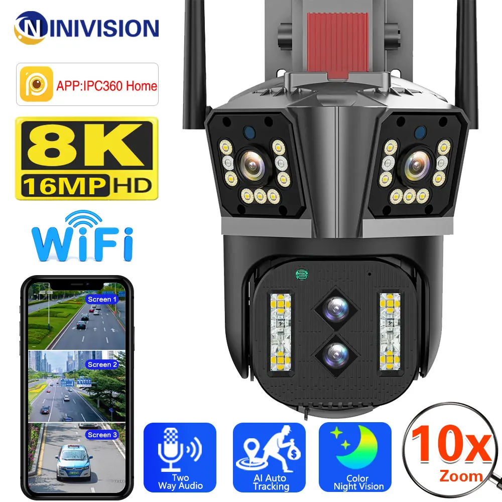 

16MP 8K HD IP Camera 10X Zoom Outdoor Four lenses Three-Screen PTZ 8MP WiFi Camera Security Protection CCTV Color Night Vision