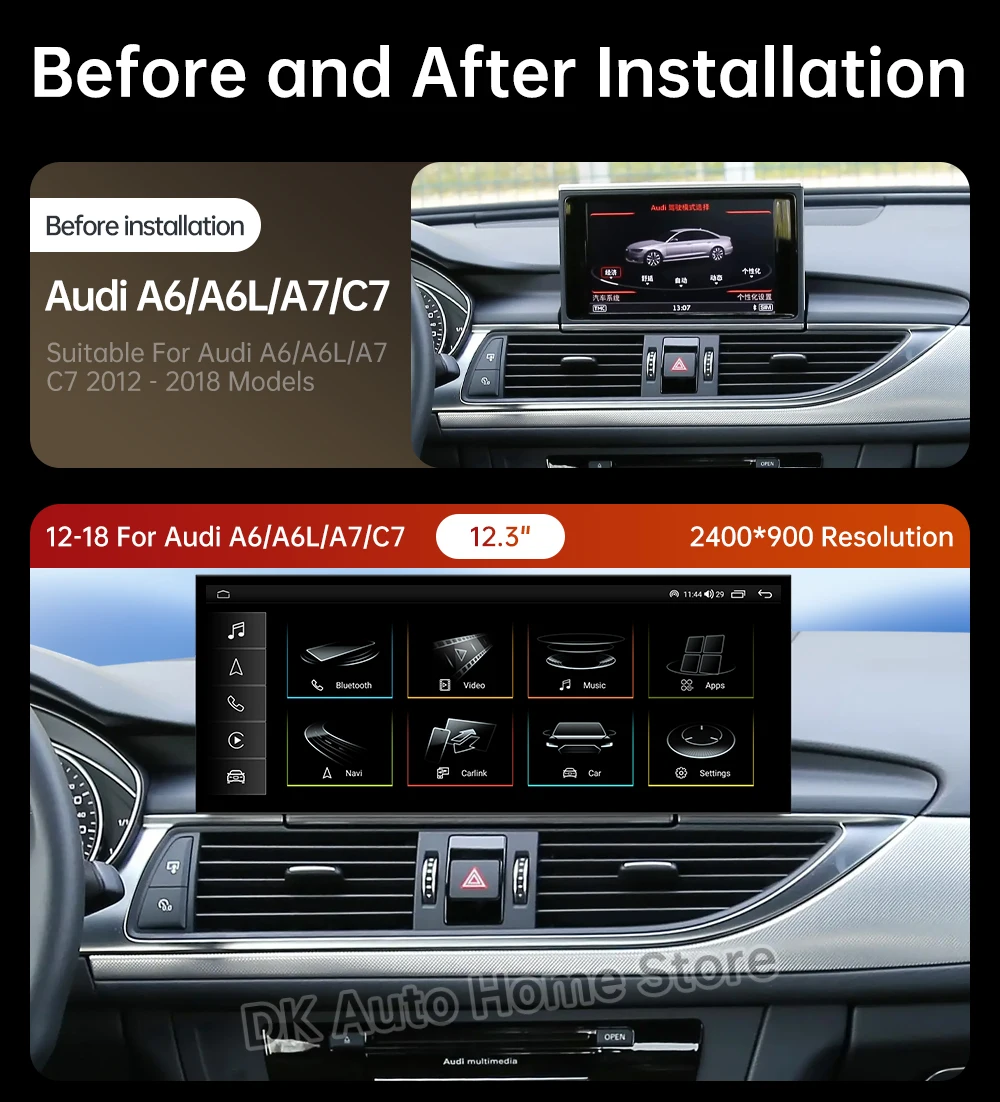 Autoradio Android 12.3 con Carplay Wireless per Audi A6 C7 A7 2012-2018, GPS, Schermo QLED, BT, Lettore Multimediale Video, WiFi - immagine 2