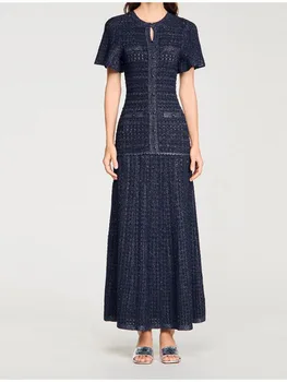 Elegant Luxury Knit Maxi Dress Keyhole Neck Button A-line Long Dresses Women Spring Formal Evening Party Office Retro Outfit 1