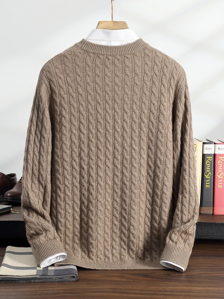 100% Cashmere Sweater Men's Round Neck Knitted Pullover Casual Loose Twist Flower Top Autumn and Winter New Thick Men's Clothing 2