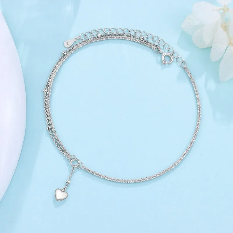 MISEFF 925 Sliver Plated Anklet Bracelets Women Girl Trendy New Waterproof Heart Charm Dainty Layer Chain Anklets Jewelry Gifts