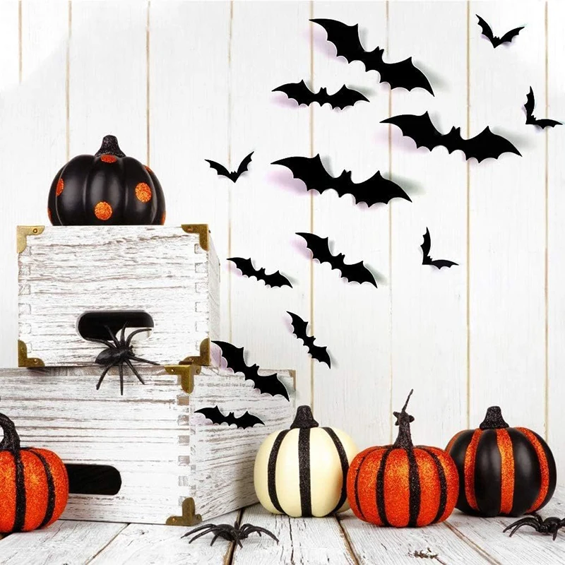 12/48 Stück Halloween DIY 3D Schwarz Halloween Fledermaus Wandaufkleber für Inneneinrichtung Heimdekoration Halloween Party Atmosphäre Zubehör