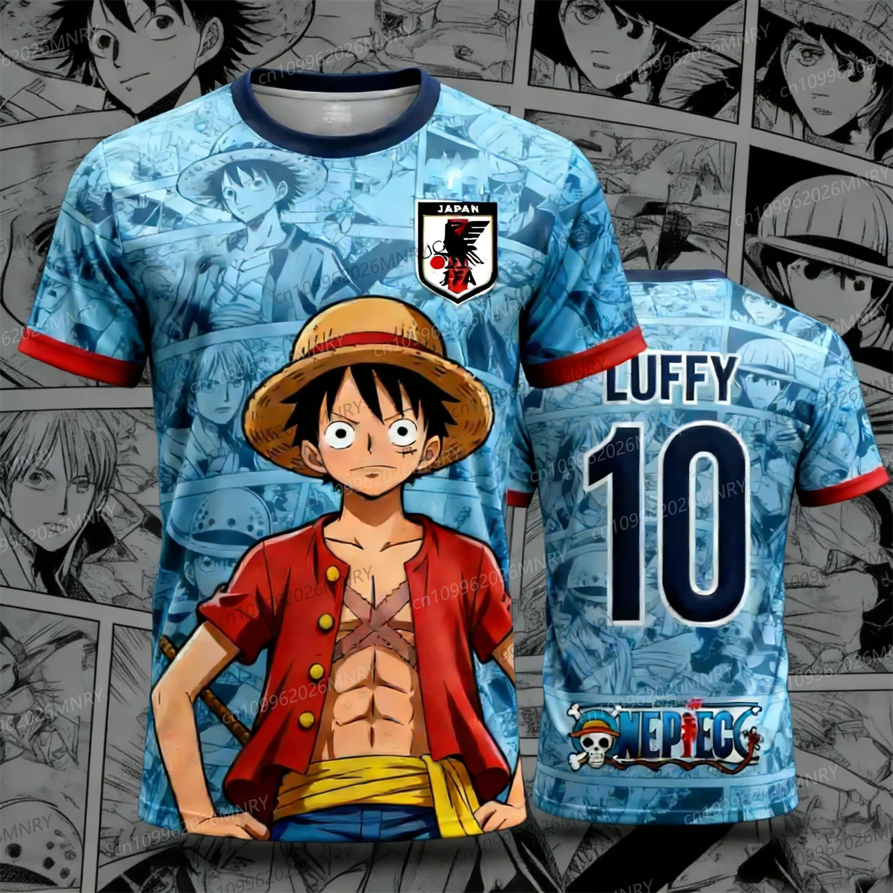 One Piece Luffy # 10 x Fußballtrikot der japanischen Nationalmannschaft, T-Shirt für Herren und Damen, schnell trocknend, atmungsaktiv, Anime-Fußballfan-Streetwear-T-Shirt