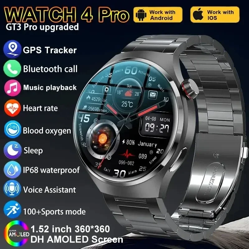 

Смарт-часы мужские с GPS, AMOLED-экраном 360*360, пульсометром и Bluetooth