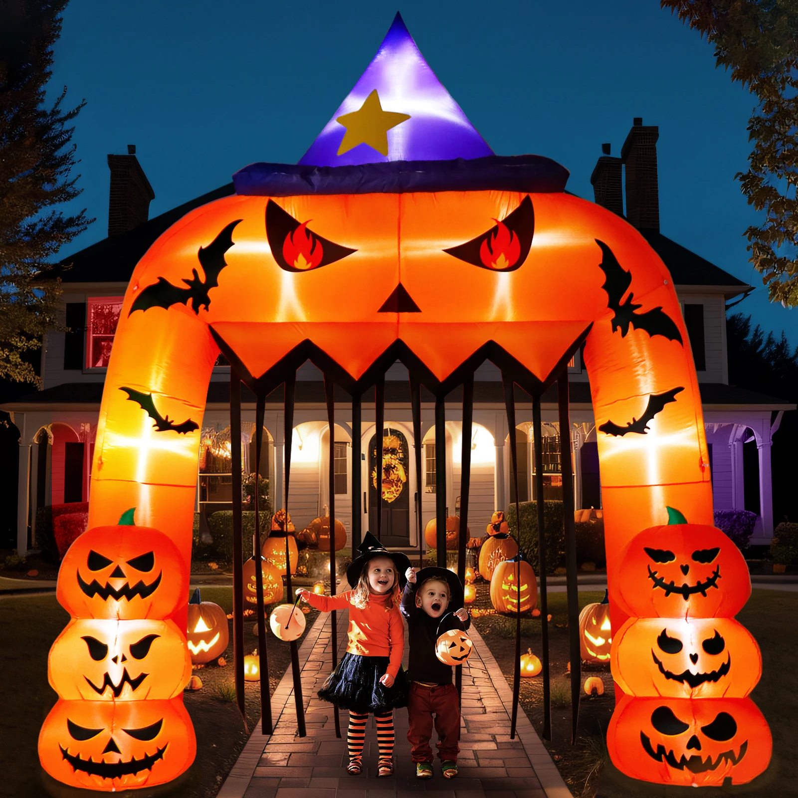 10FT Pumpkin Archway Outdoor Decoration with Giant Witch Hat and Red Eyes Holiday, Party, Outdoor, Garden Halloween Inflatable 1