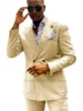 Men's Light Blue/Beige Slim Fit Linen Blazer Peak Lapel Double Breasted 2 Piece Wedding Groom Tuxedo Casual Summer Prom Suits