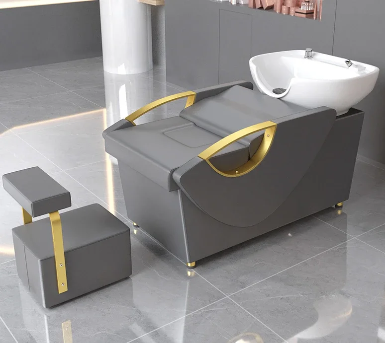 

Custom Flush Shampoo Bed Semi Lying Shampoo Bed Gold High End Stainless Steel Ceramic Basin