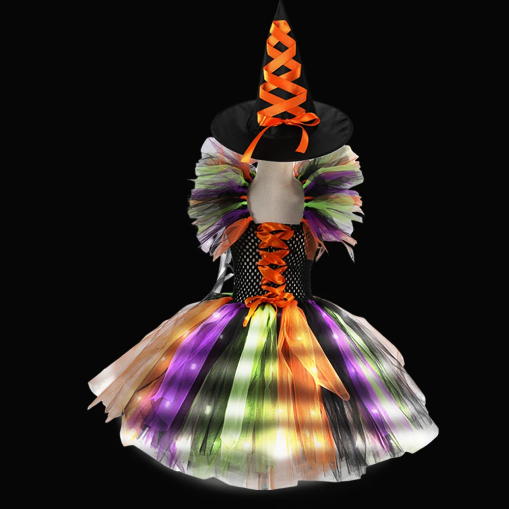 thumbnail image 1 of Disfraz de bruja de Halloween para niña, vestido de tutú con luz LED, vestido de carnaval, fiesta con sombrero, Cosplay de vampiro, ropa para niños de 2 a 10 años, 1 of 5