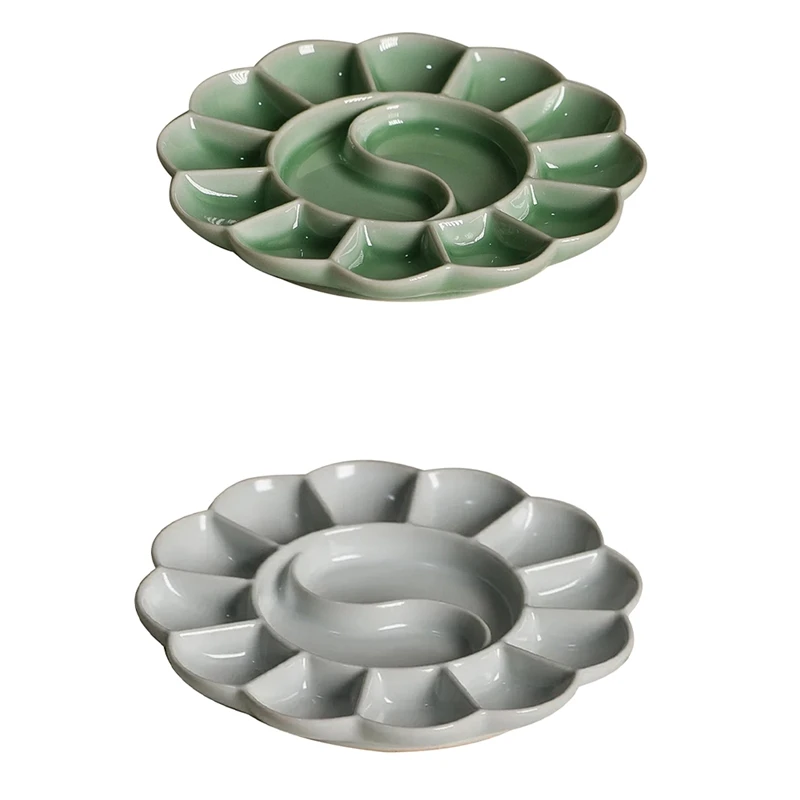 Handmade Celadon Palette Plum Blossom-Shaped Watercolor Paint Tray Ru Kiln Ceramic Plate And Pen Holder